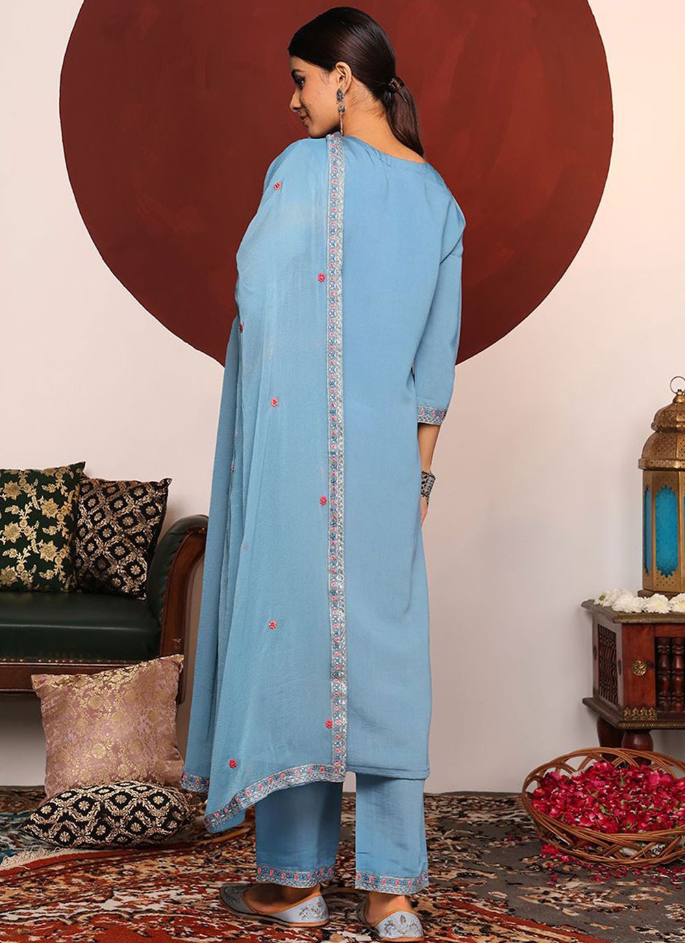 Salwar Suit Embroidered Aqua Blue Silk T5280
