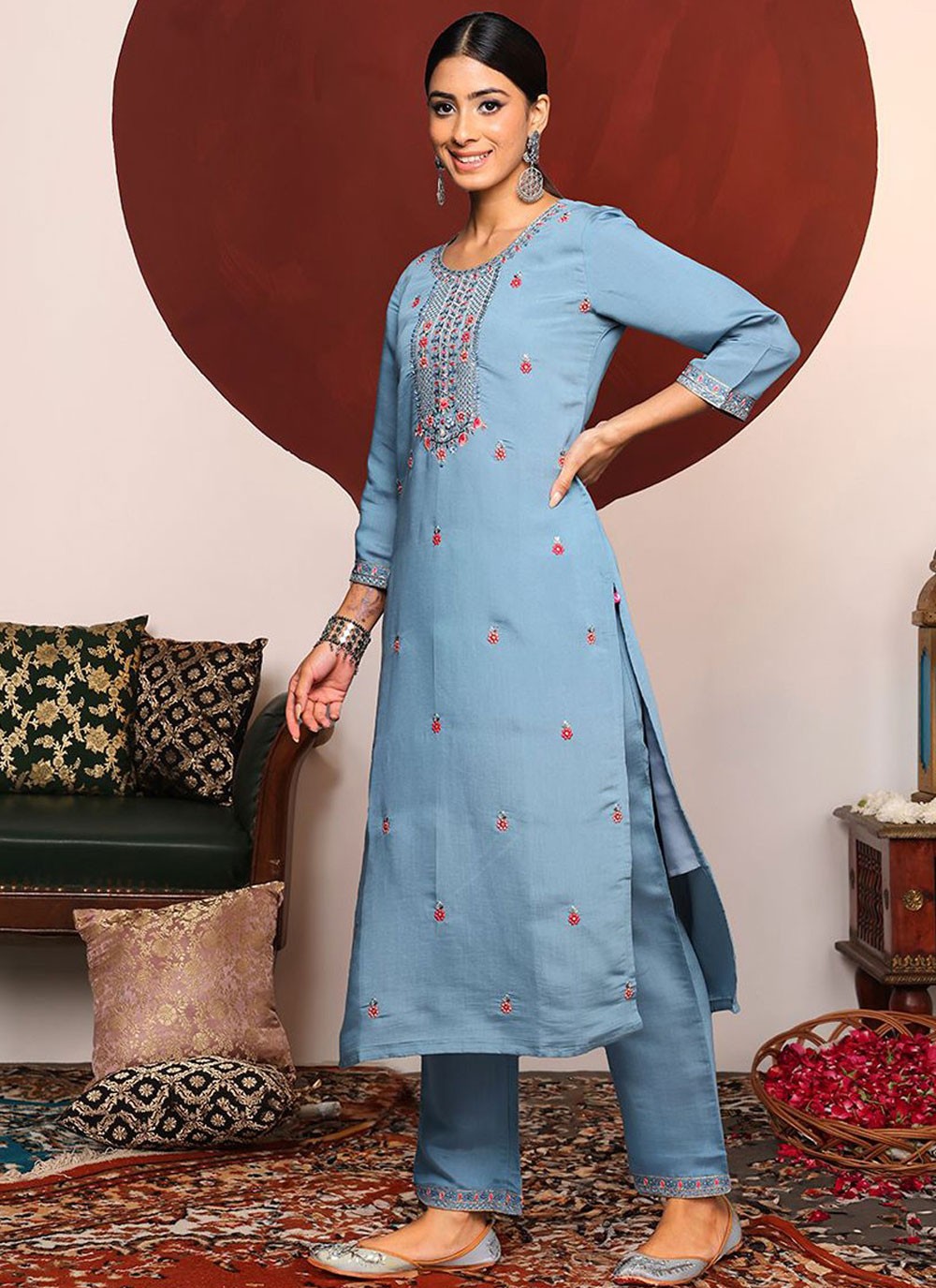 Salwar Suit Embroidered Aqua Blue Silk T5280