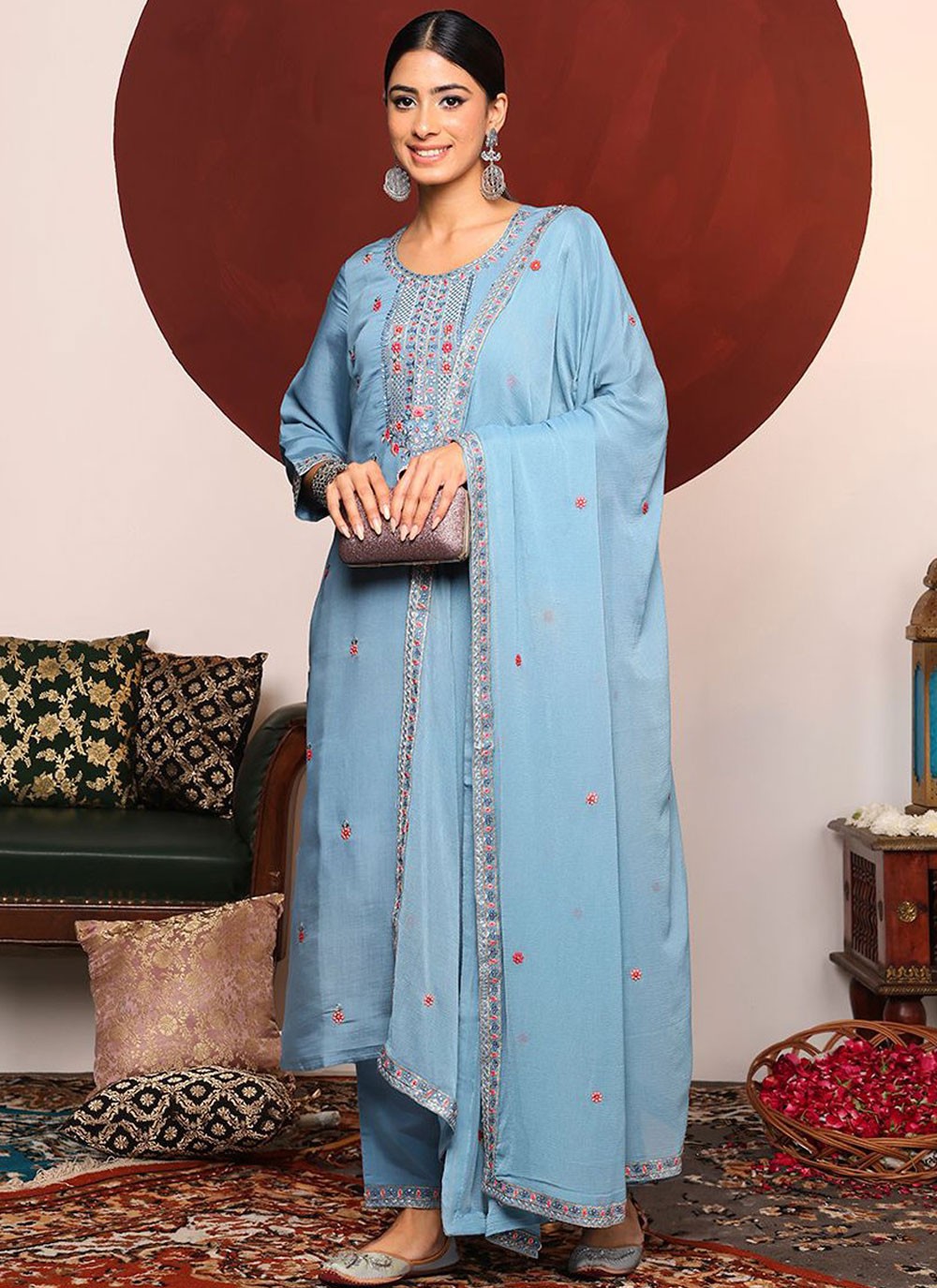 Salwar Suit Embroidered Aqua Blue Silk T5280