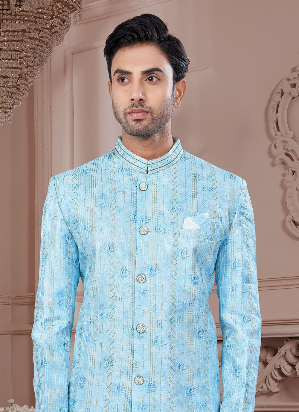 Buttons Imported, Silk Aqua Blue Indo Western Sherwani - M8608