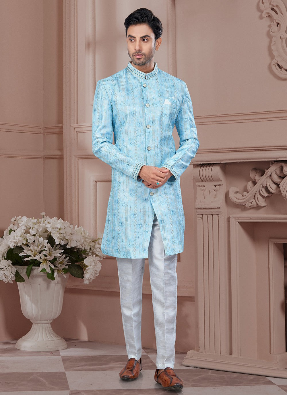 Buttons Imported, Silk Aqua Blue Indo Western Sherwani - M8608