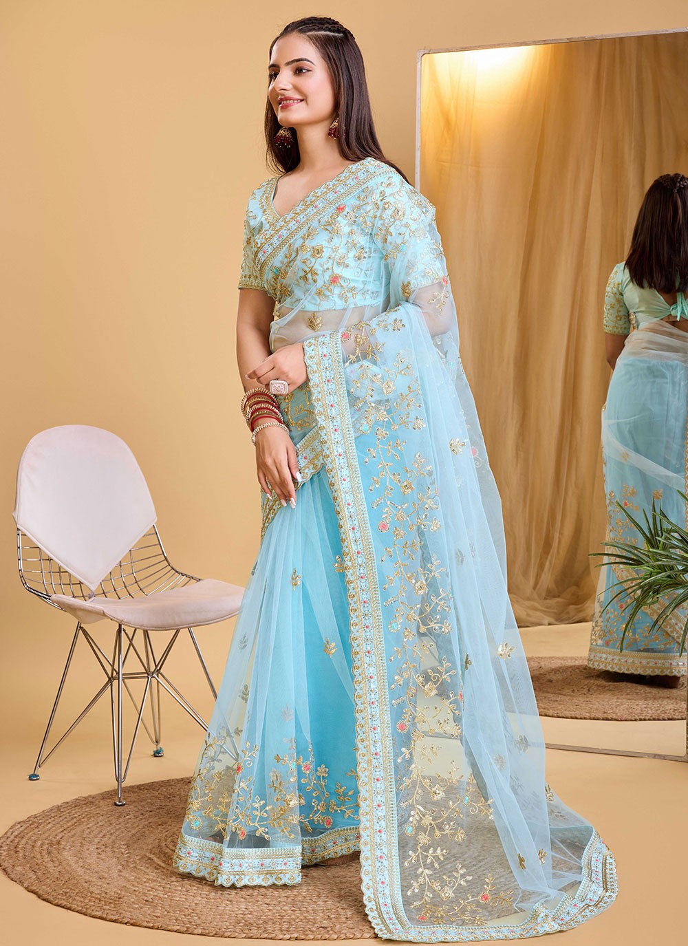 Contemporary Embroidered Silk Saree - S5596