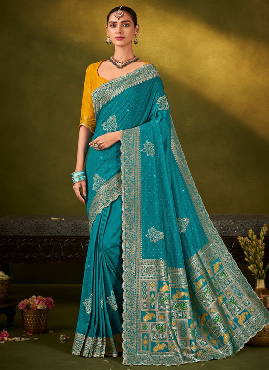 Aqua Blue Silk Contemporary Saree Weaving Zari S19708