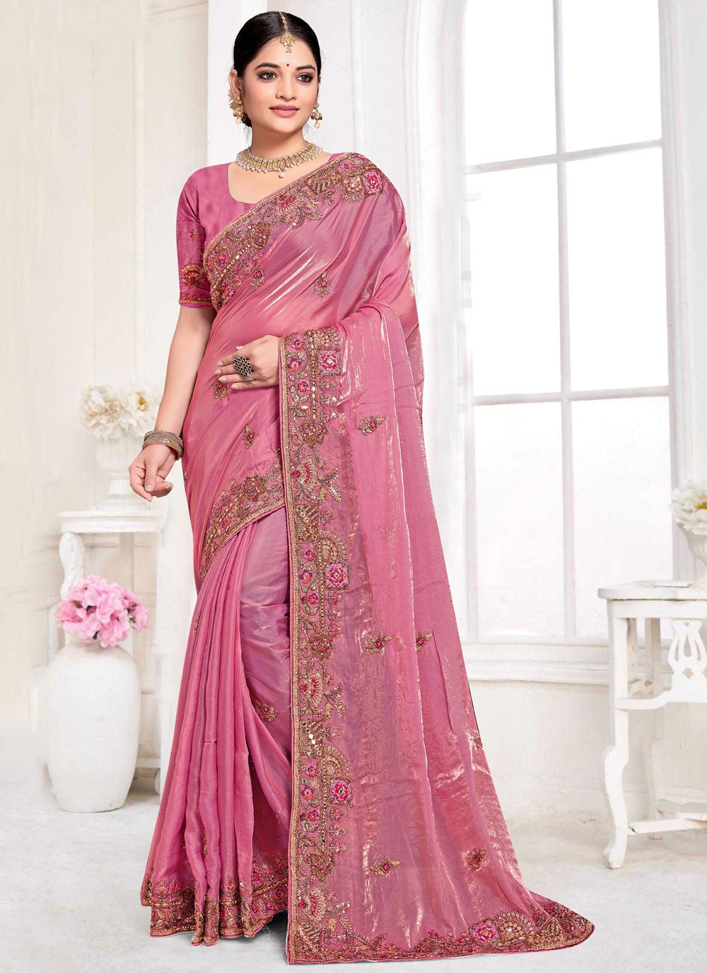 Traditional Saree Beads Hot Pink Silk Saree S13083