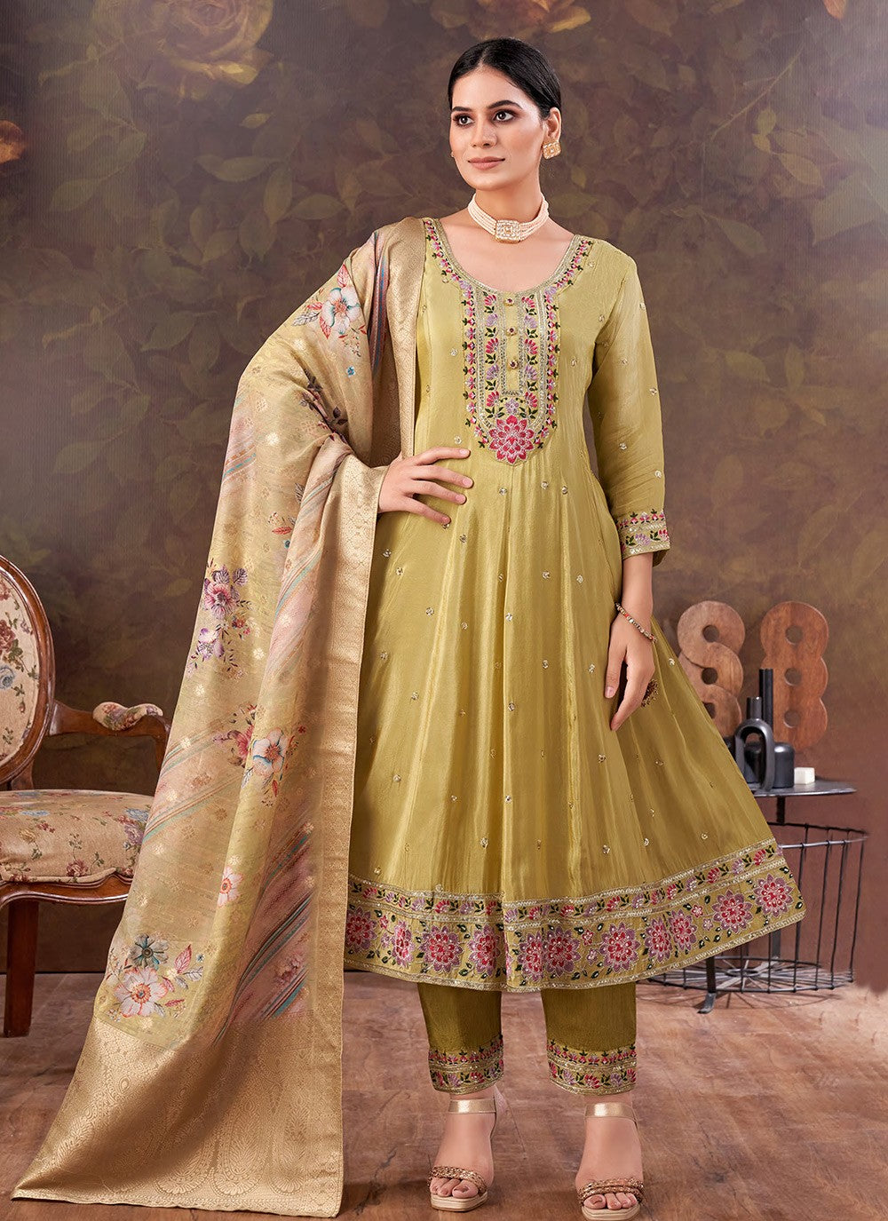 Anarkali Embroidered Beige Silk T5220