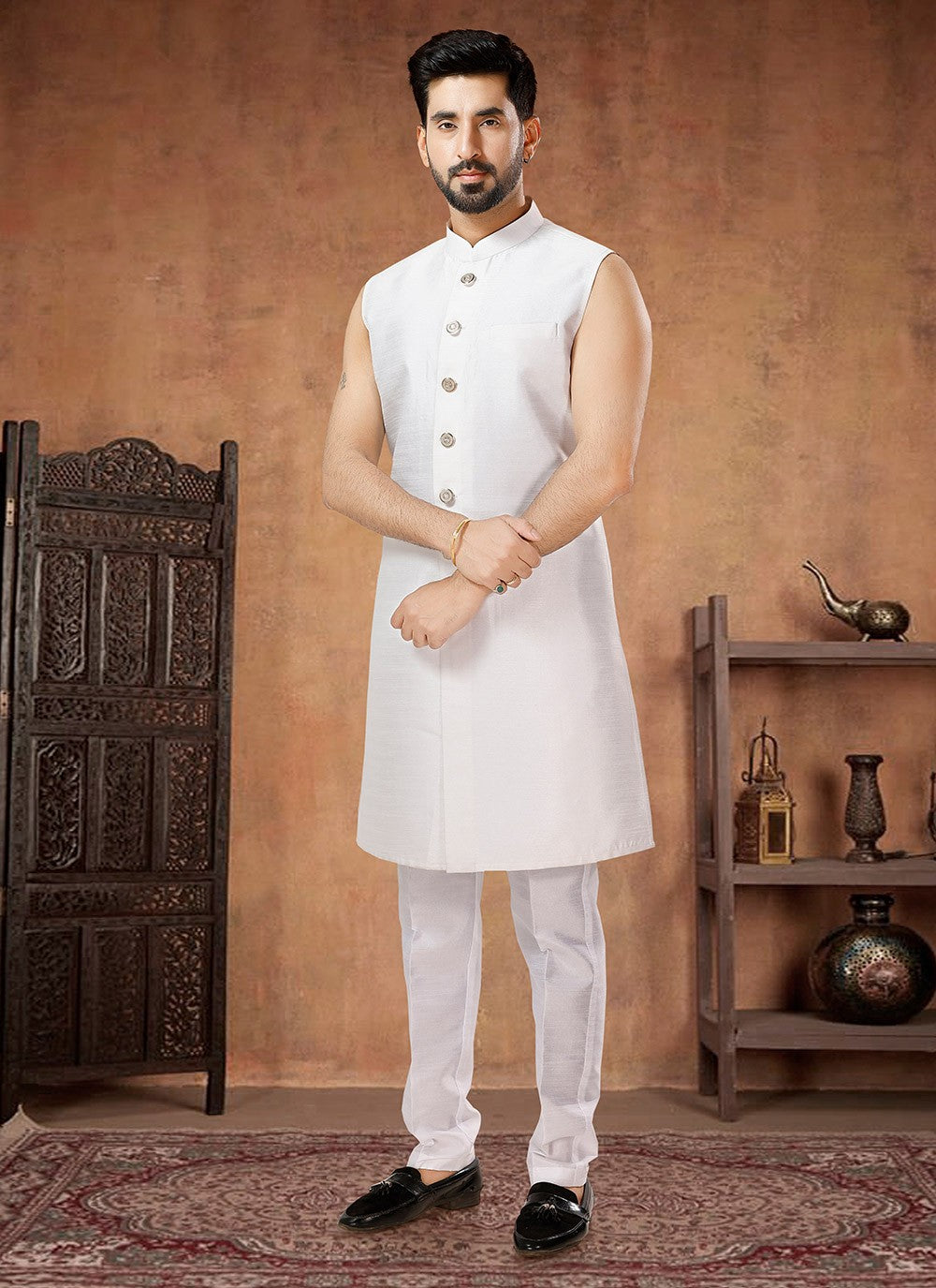 Embroidered Silk Beige, White Indo Western - M7030