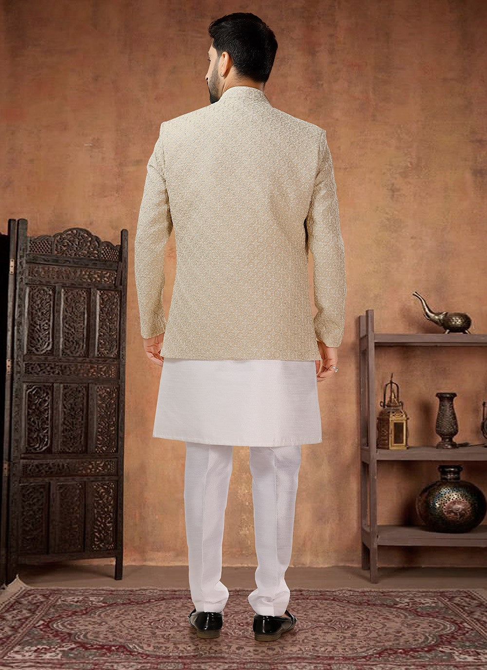 Embroidered Silk Beige, White Indo Western - M7030
