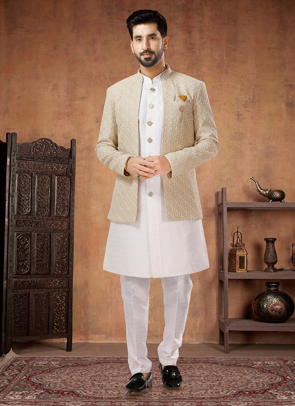 Embroidered Silk Beige, White Indo Western - M7030