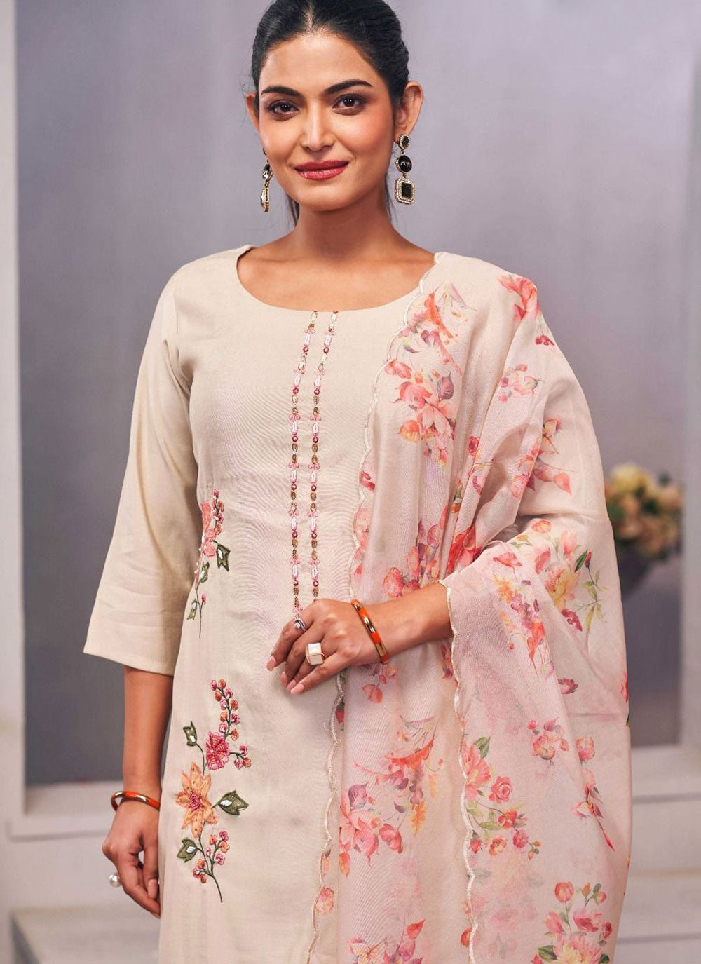Salwar Suit Embroidered Beige Silk T5158