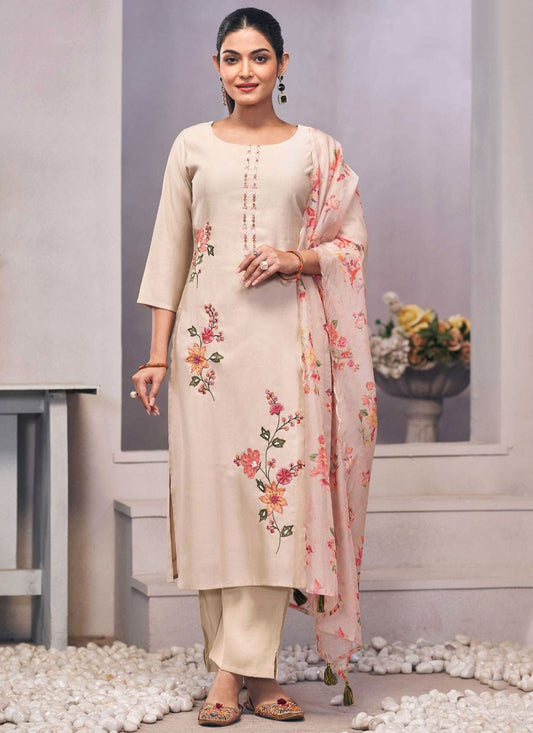 Salwar Suit Embroidered Beige Silk T5158