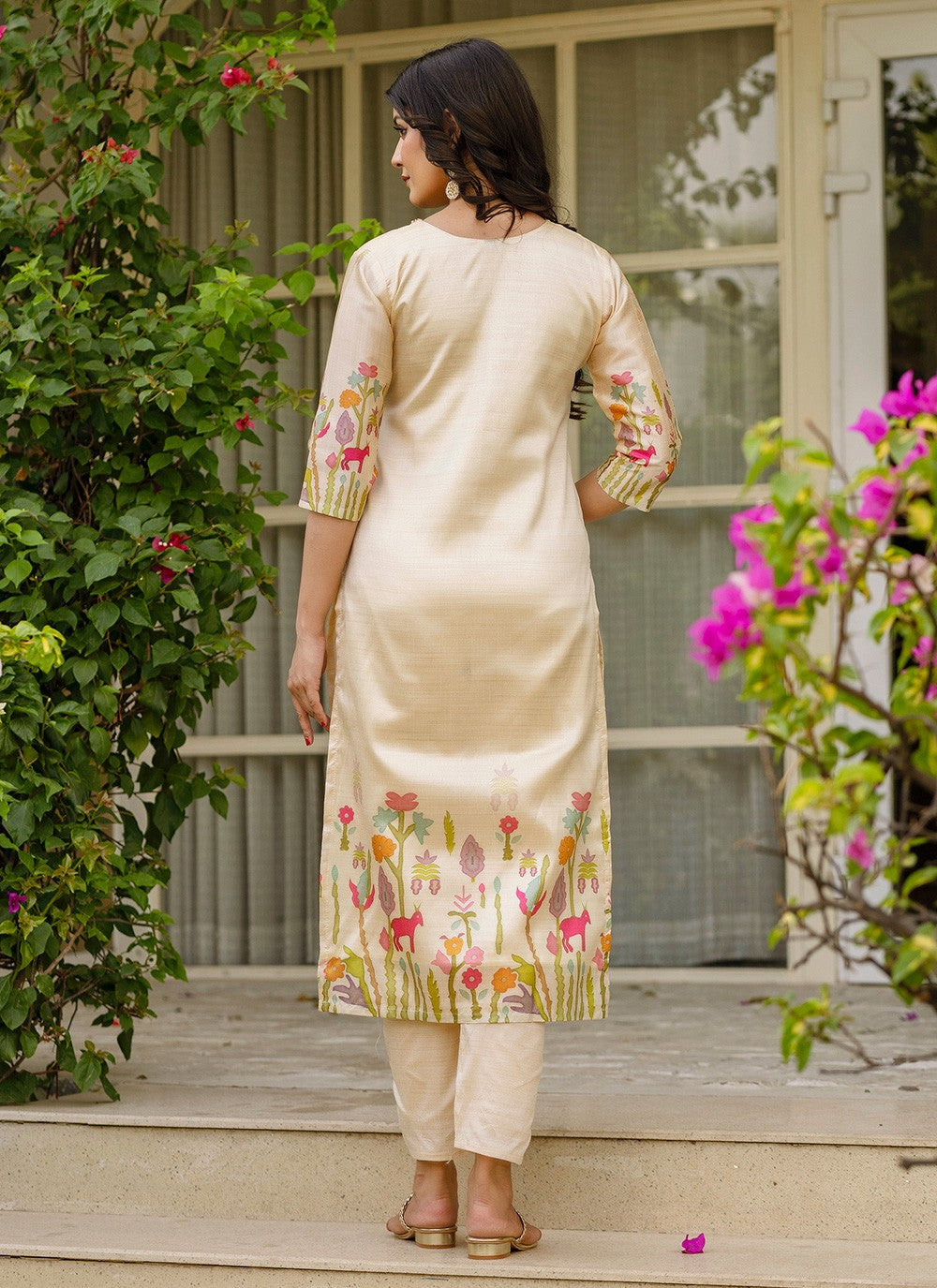 Pant Style Suit Beads, Printed Beige T7376