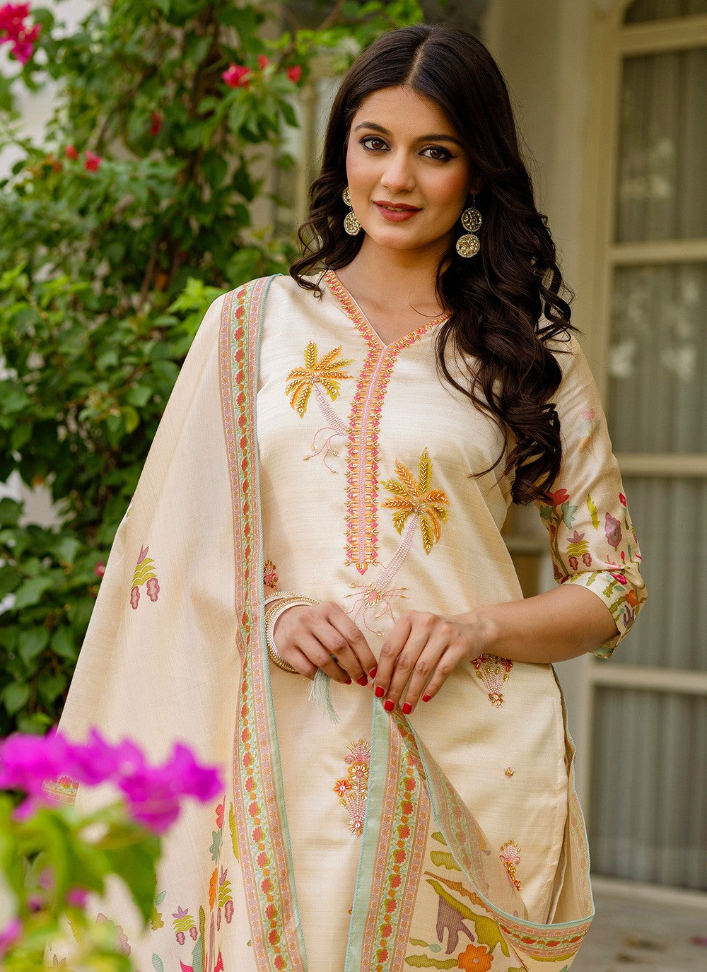 Pant Style Suit Beads, Printed Beige T7376