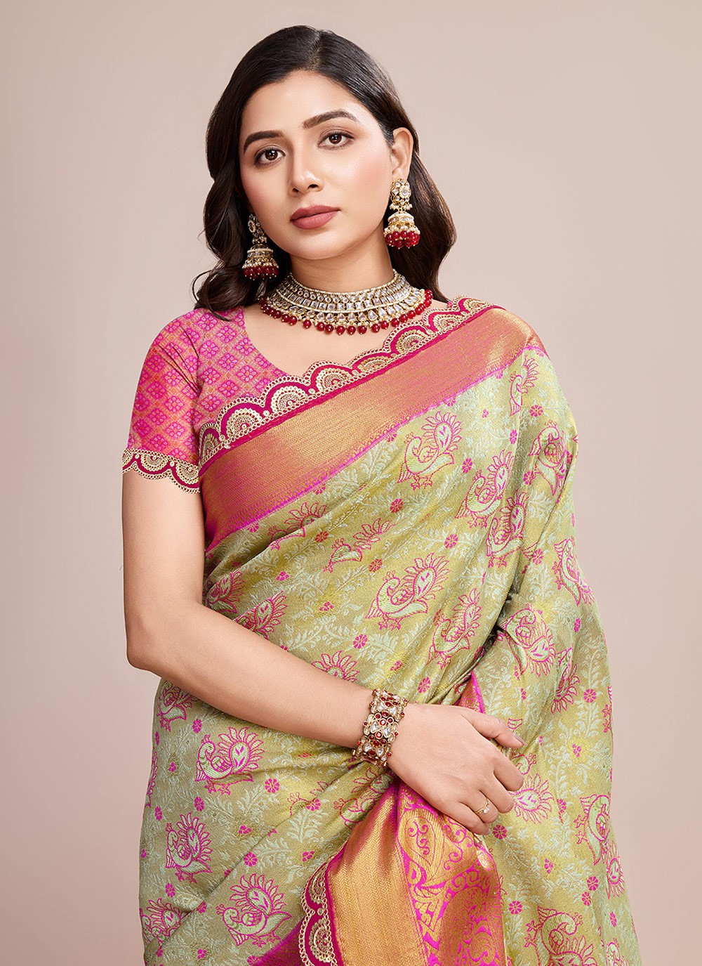 Contemporary Woven Beige Silk Saree S13635
