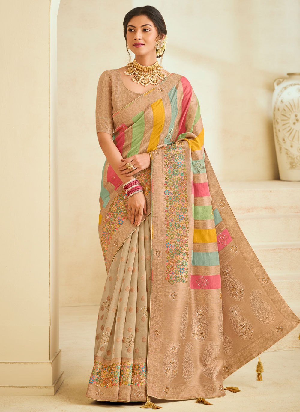 Trendy Saree Embroidered Beige Silk S12490