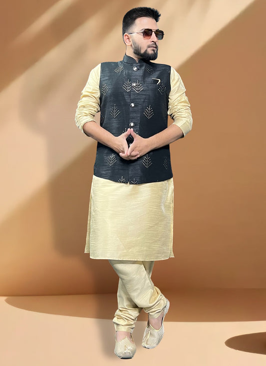 Embroidered Silk Black, Gold Kurta Payjama With Jacket - M5416