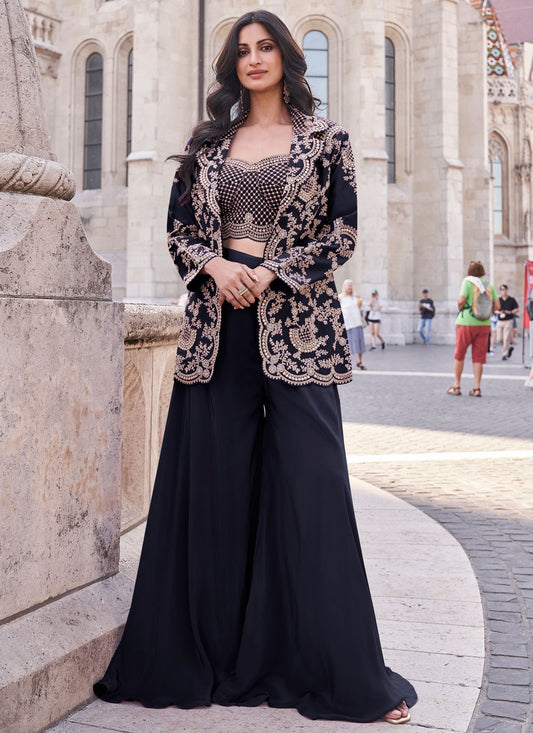 Bollywood Style Embroidered Black Silk T5428
