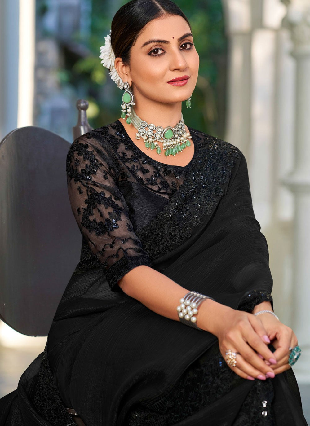 Black Silk Classic Saree Embroidered, Lace S20129