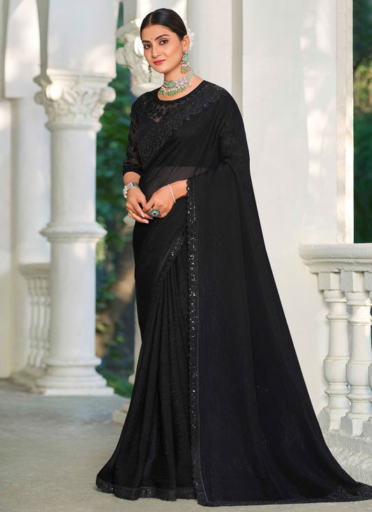 Black Silk Classic Saree Embroidered, Lace S20129