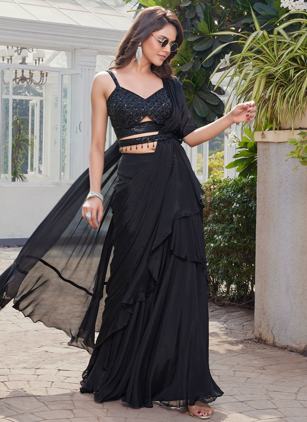 Designer Plain Black Silk Saree S13430