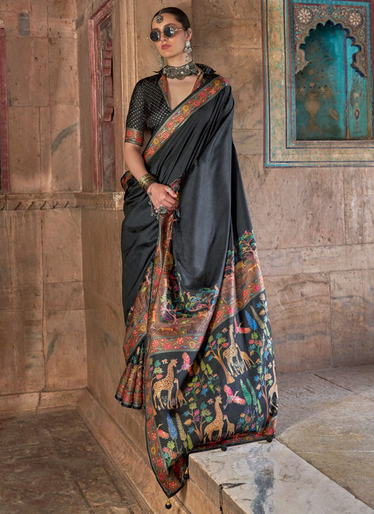 Black Silk Traditional Saree Printed S19656