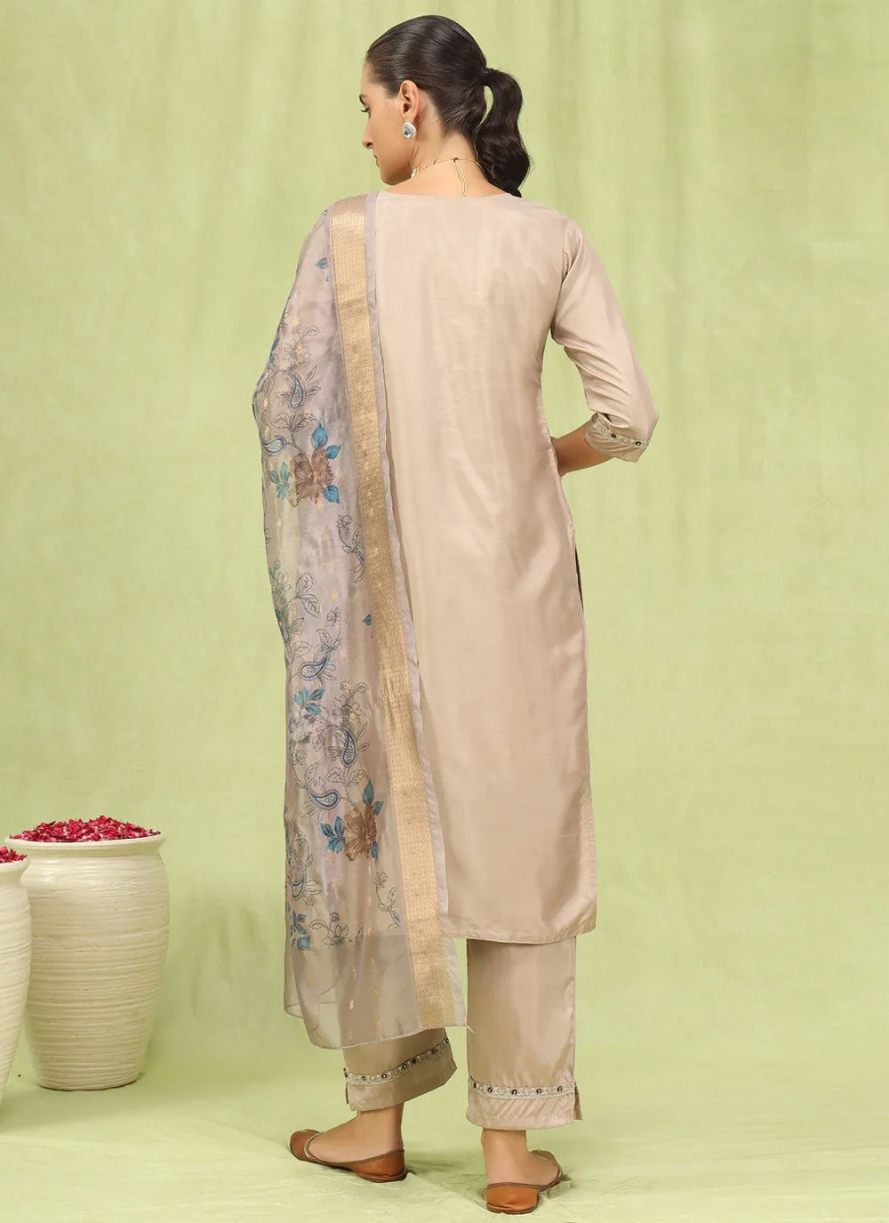 Embroidered Silk Blend Beige Pant Style Suit T6246