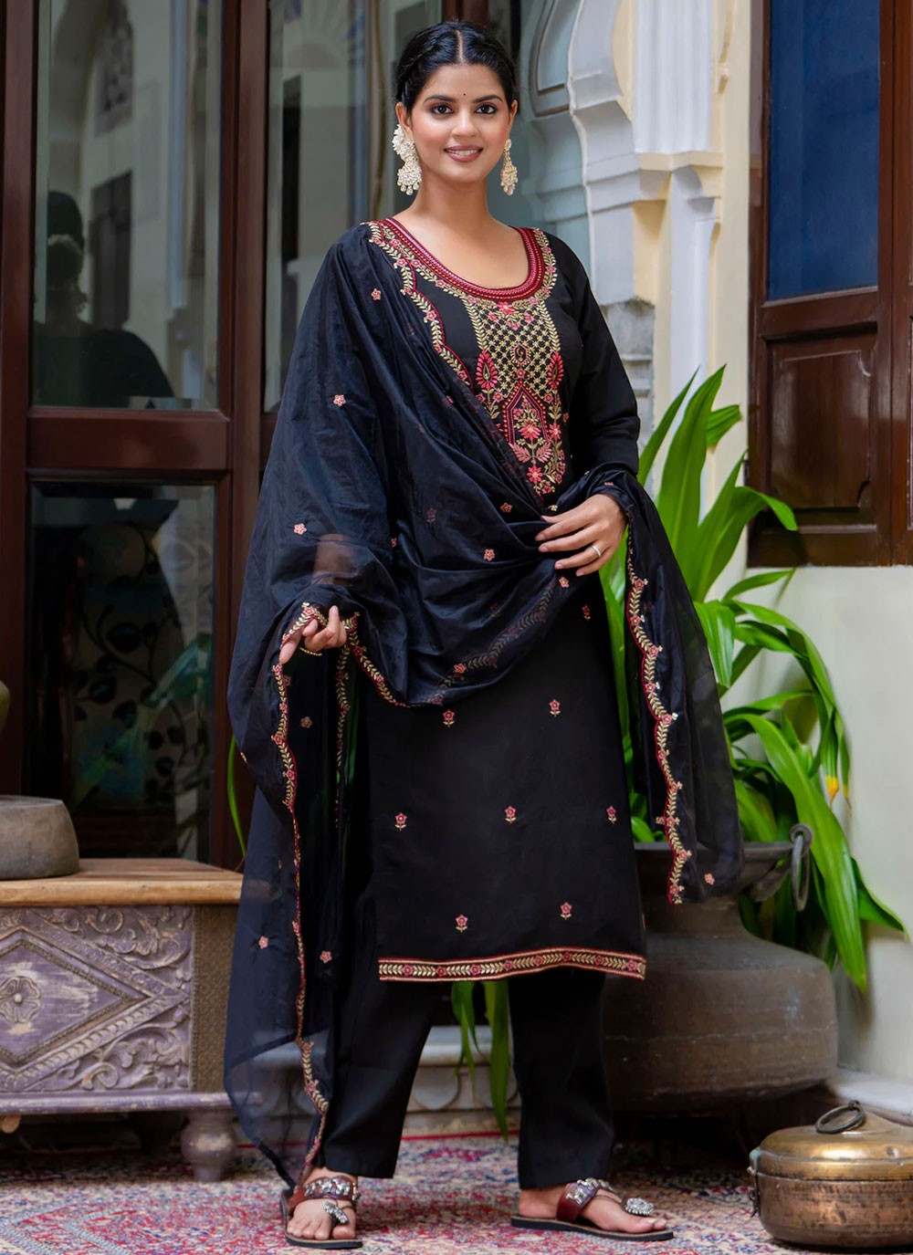 Pant Style Suit Embroidered, Sequins, Zari Black T6937