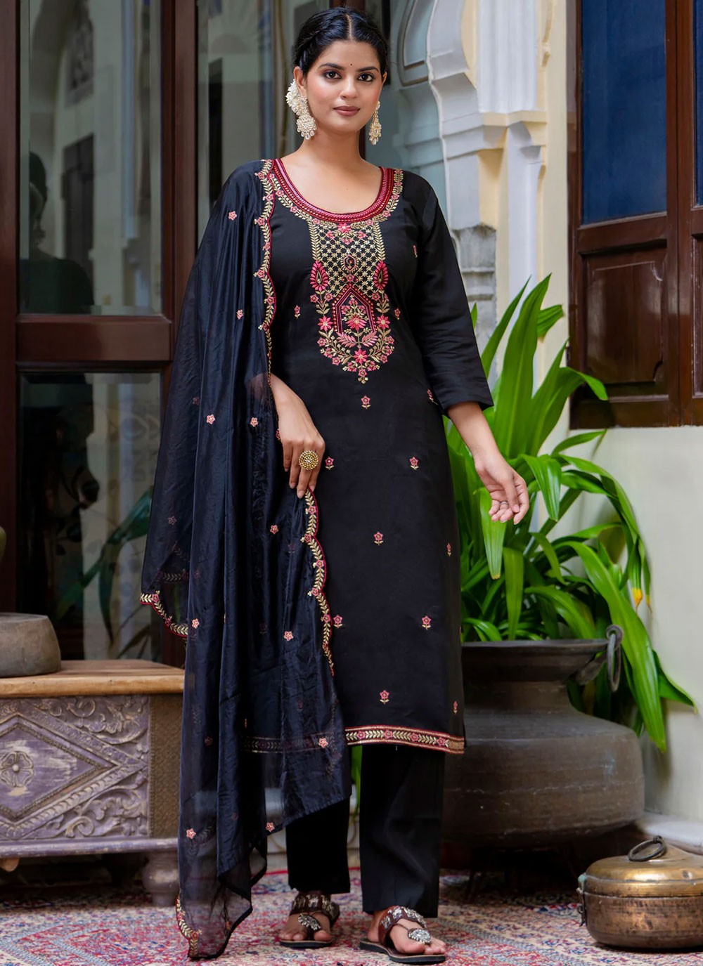 Pant Style Suit Embroidered, Sequins, Zari Black T6937