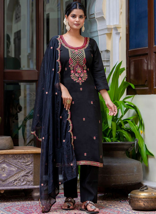 Pant Style Suit Embroidered, Sequins, Zari Black T6937