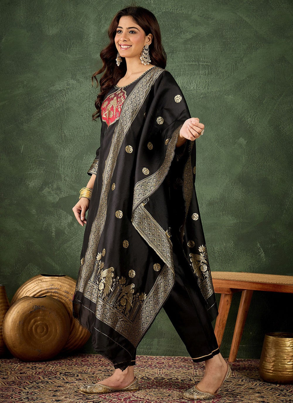 Pant Style Suit Jacquard Work Black T7790