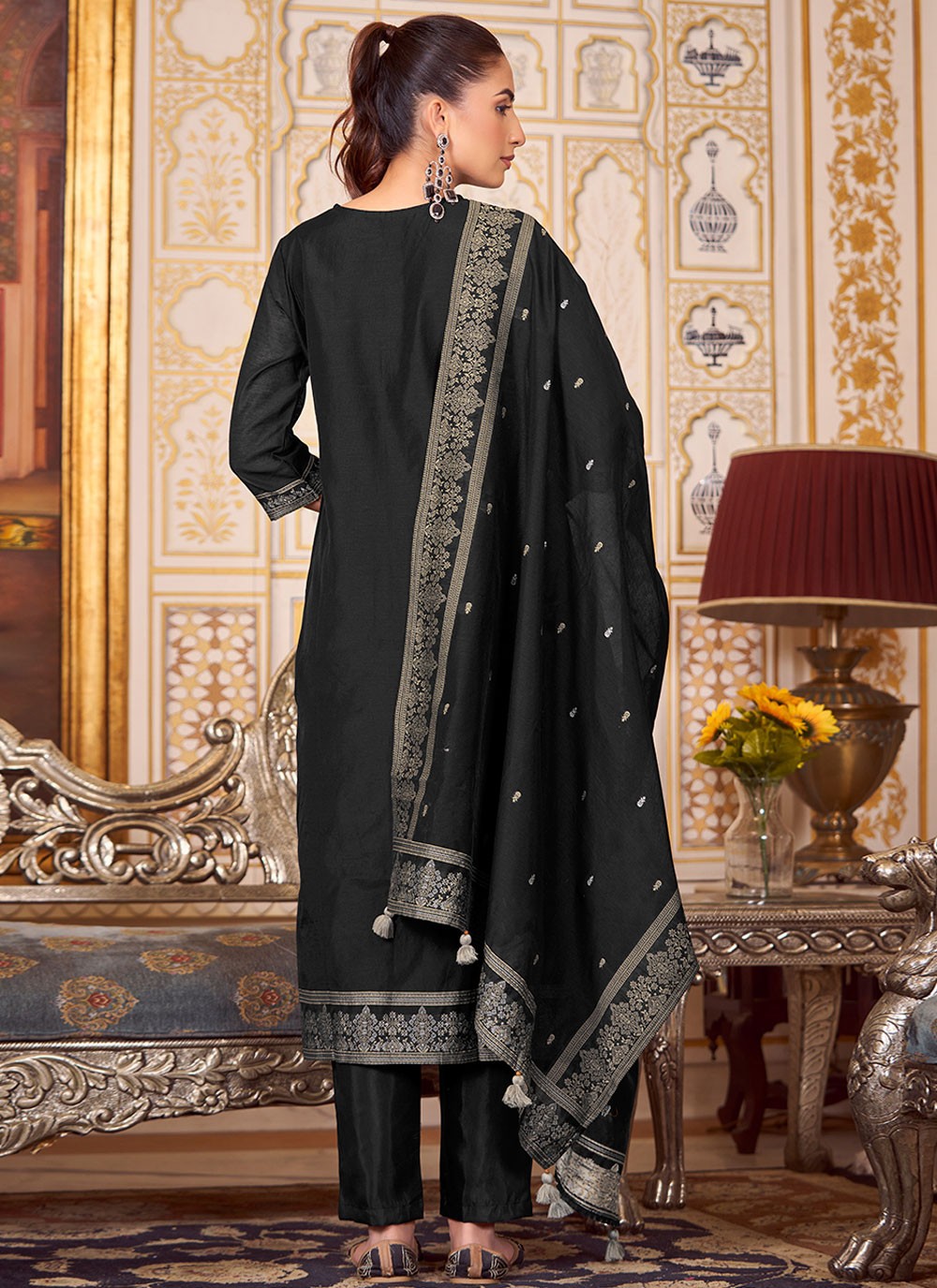 Embroidered Silk Blend Black Salwar Suit T5926