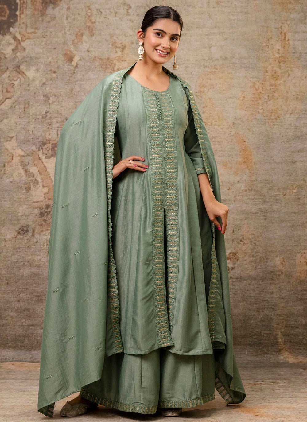 Embroidered Silk Blend Green Salwar Suit T6116