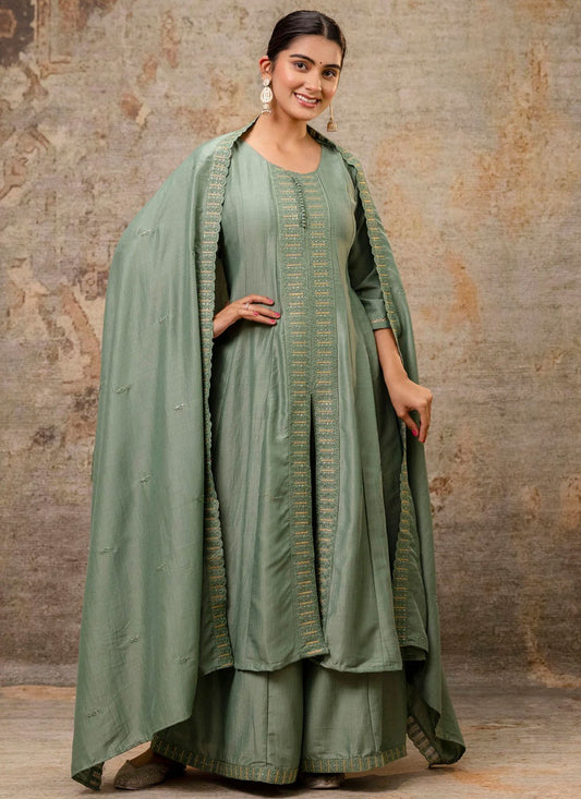 Embroidered Silk Blend Green Salwar Suit T6116