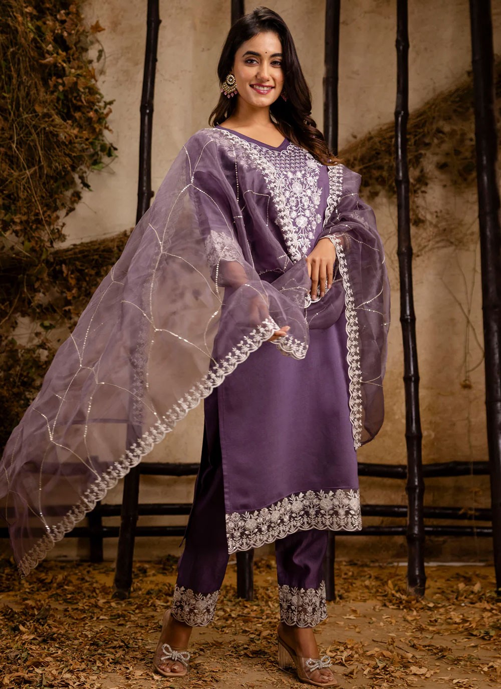 Embroidered Silk Blend Lavender Salwar Suit T6076