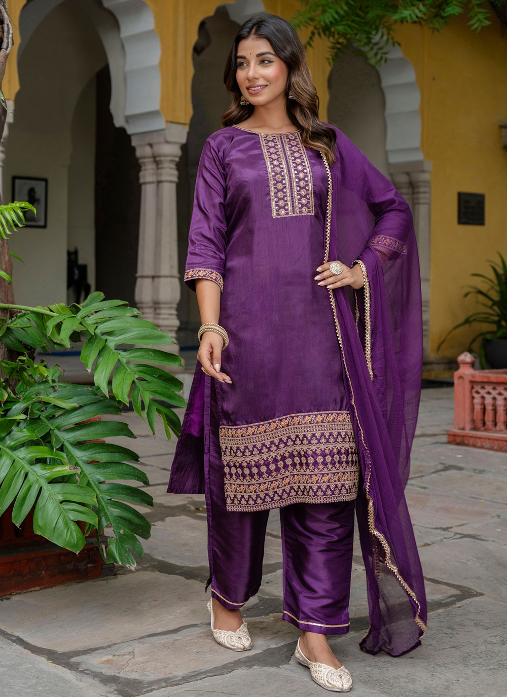 Pant Style Suit Embroidered Purple T8788