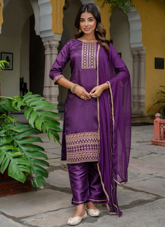 Pant Style Suit Embroidered Purple T8788
