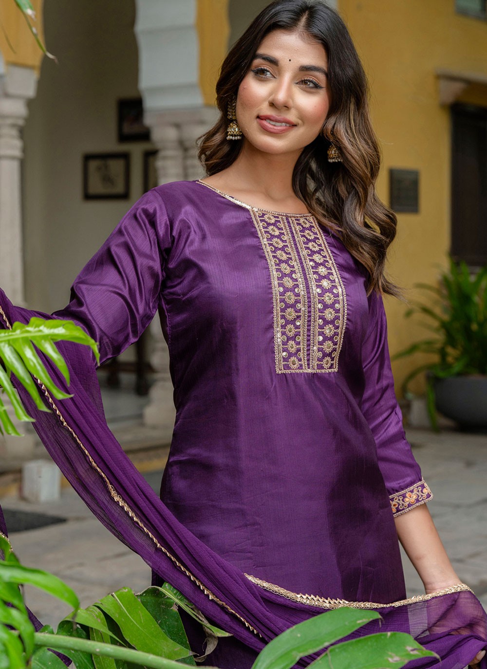 Pant Style Suit Embroidered Purple T8788