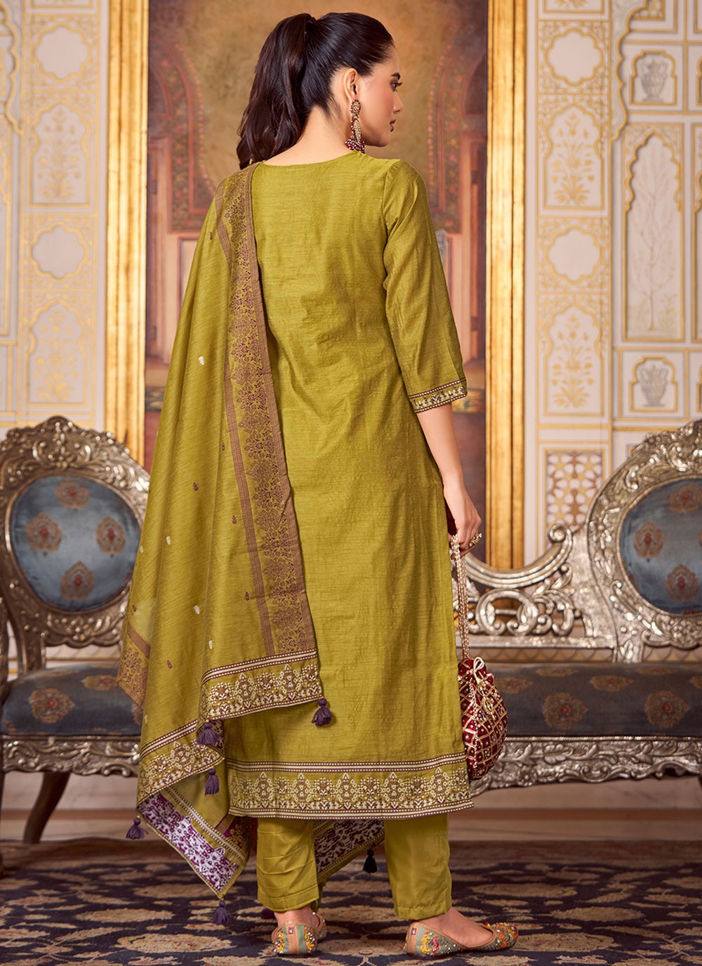 Embroidered Silk Blend Mustard Salwar Suit T5929