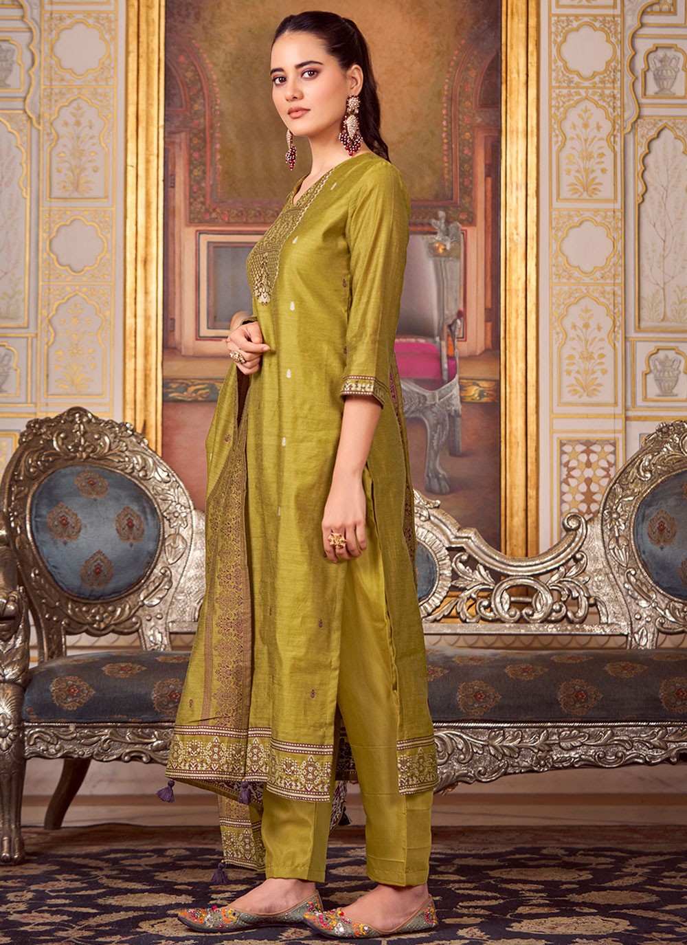 Embroidered Silk Blend Mustard Salwar Suit T5929