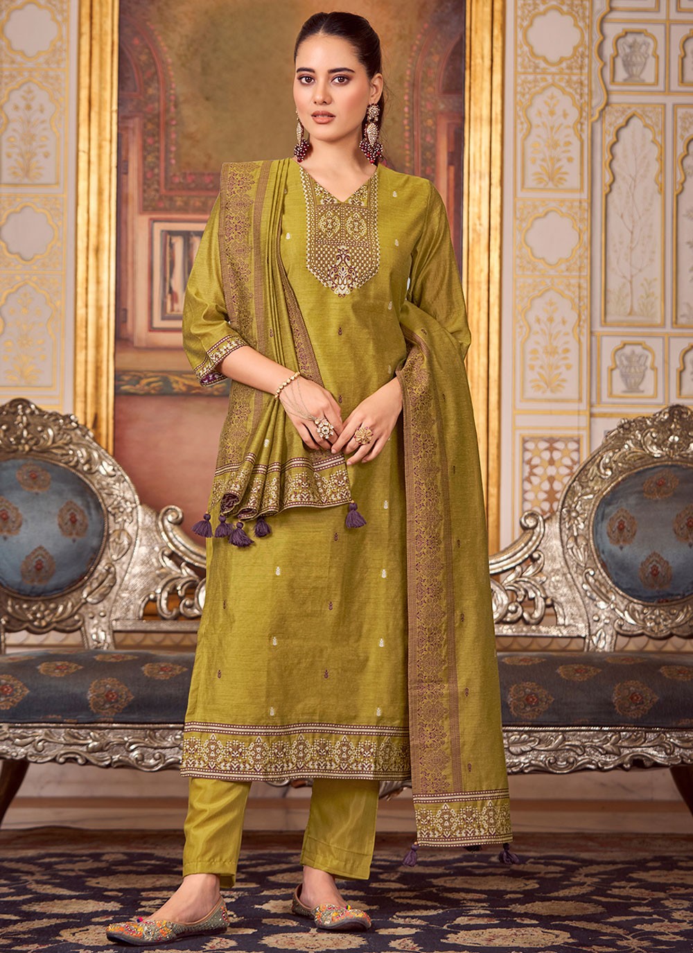 Embroidered Silk Blend Mustard Salwar Suit T5929