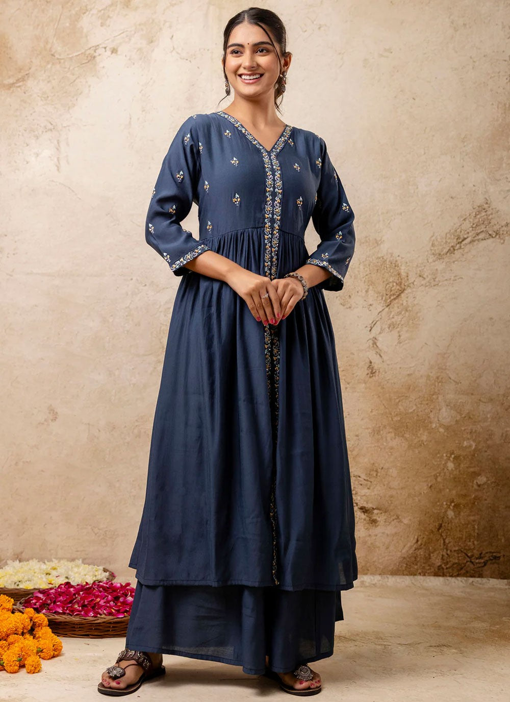 Embroidered Silk Blend Blue Salwar Suit T6123