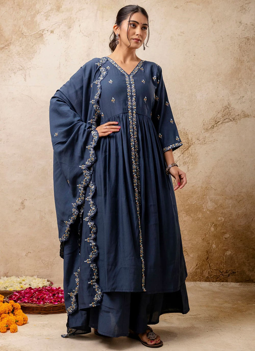 Embroidered Silk Blend Blue Salwar Suit T6123