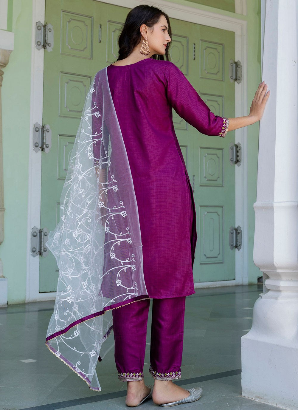 Pant Style Suit Embroidered Purple T7128