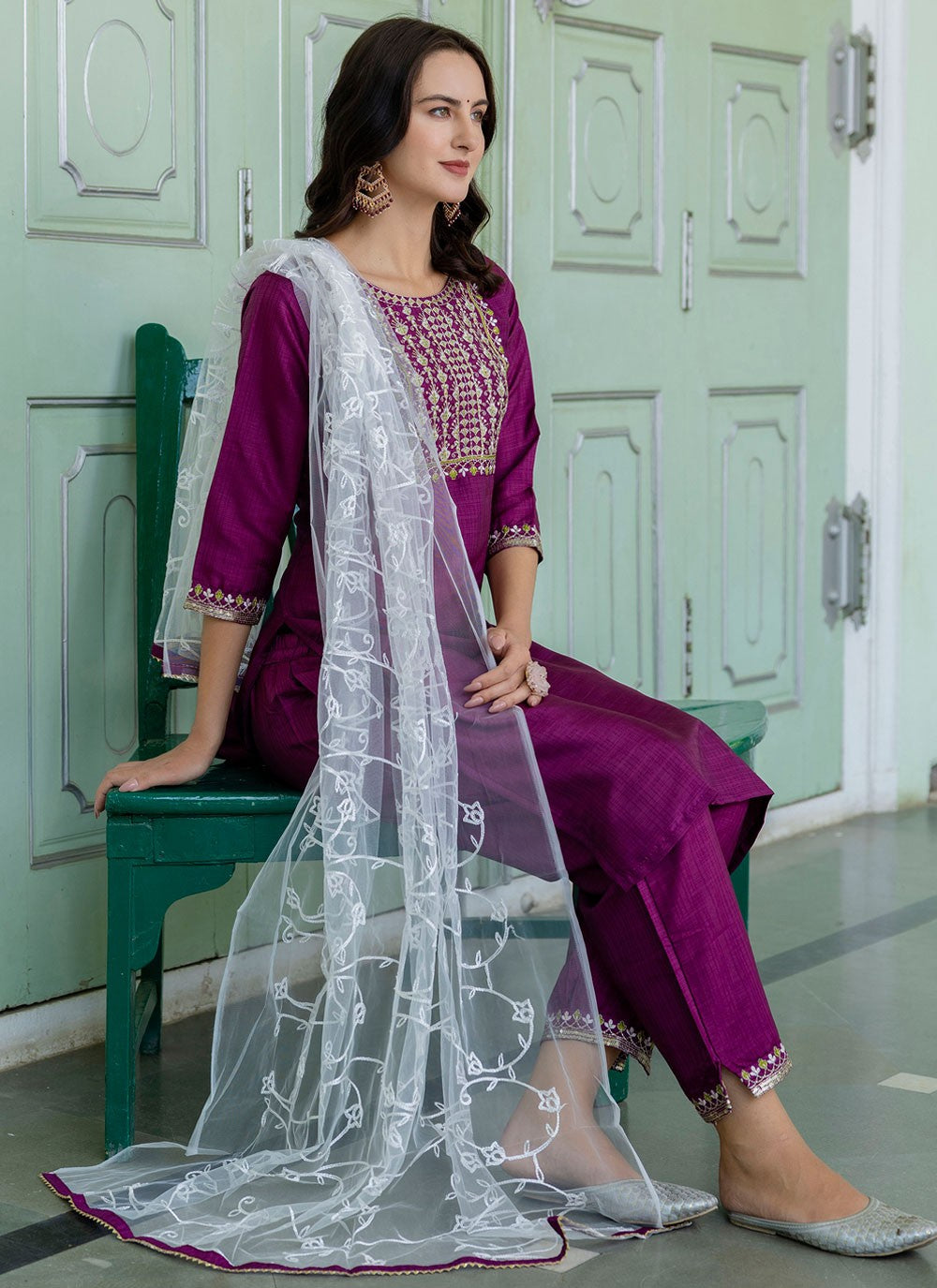 Pant Style Suit Embroidered Purple T7128