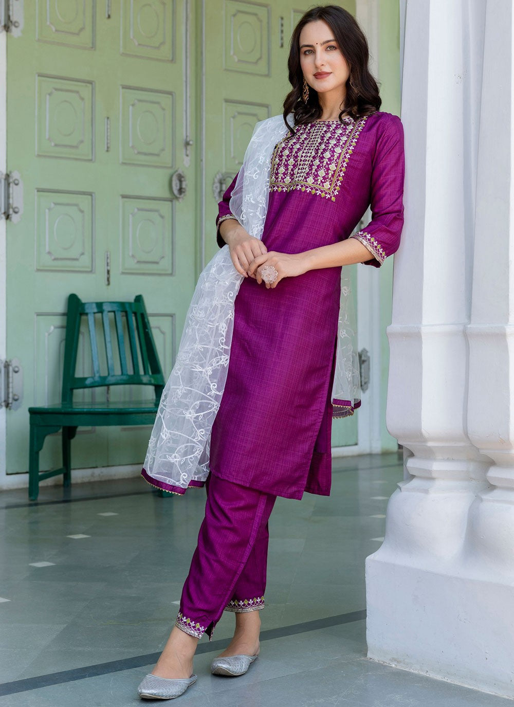Pant Style Suit Embroidered Purple T7128