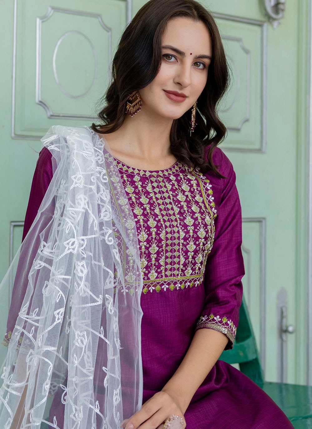 Pant Style Suit Embroidered Purple T7128