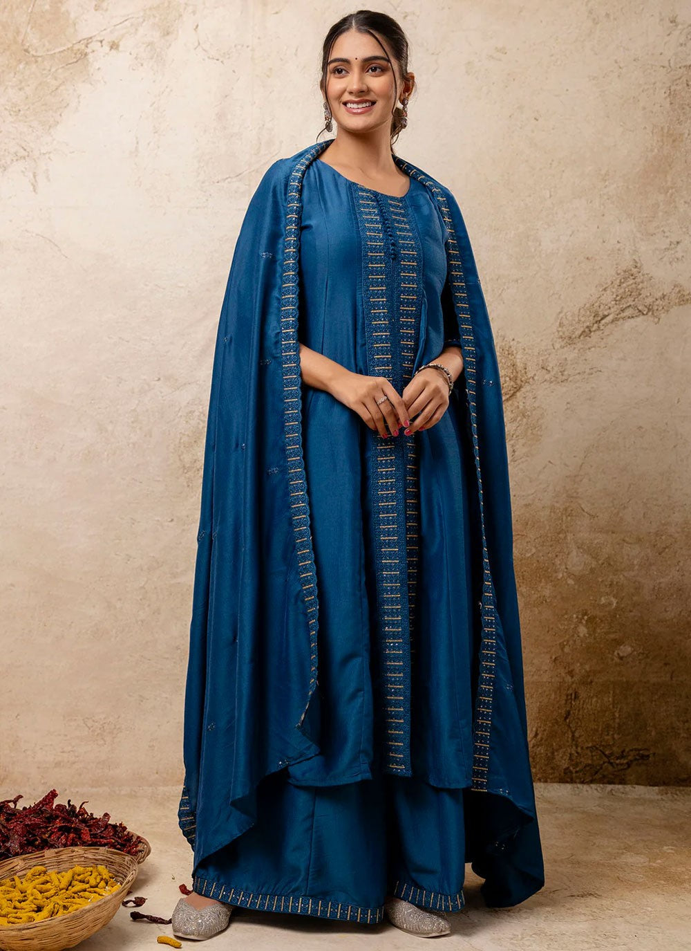Embroidered Silk Blend Blue Salwar Suit T6118