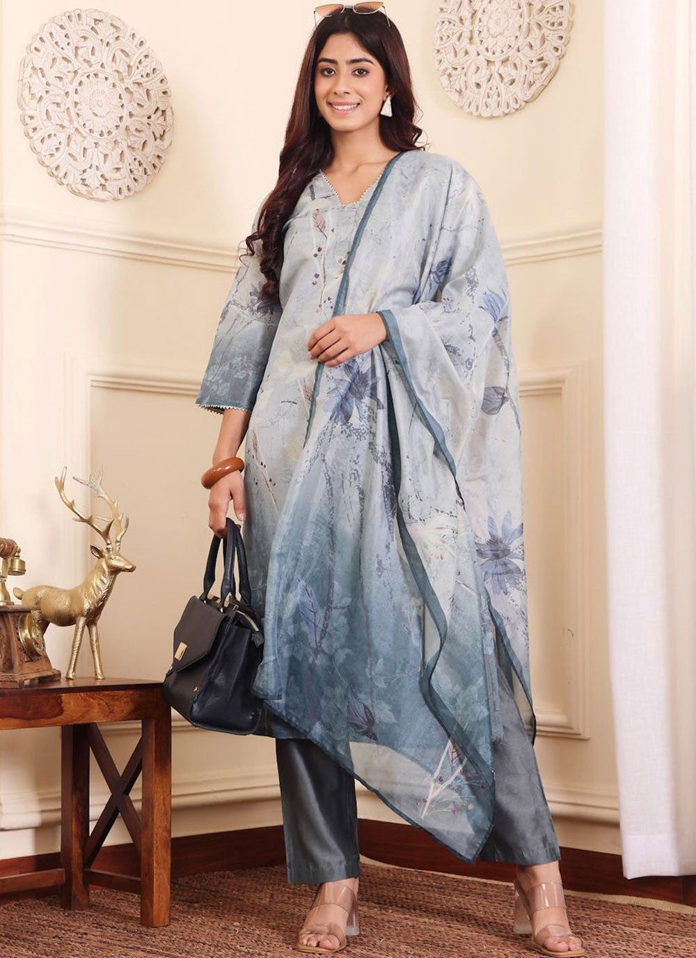 Salwar Suit Printed Grey Silk Blend T5542