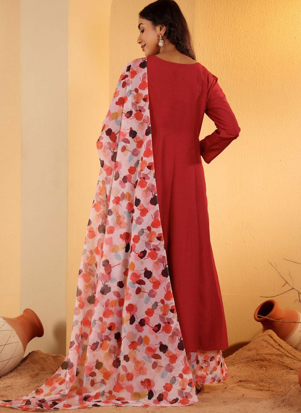Anarkali Plain Maroon Silk Blend T5120