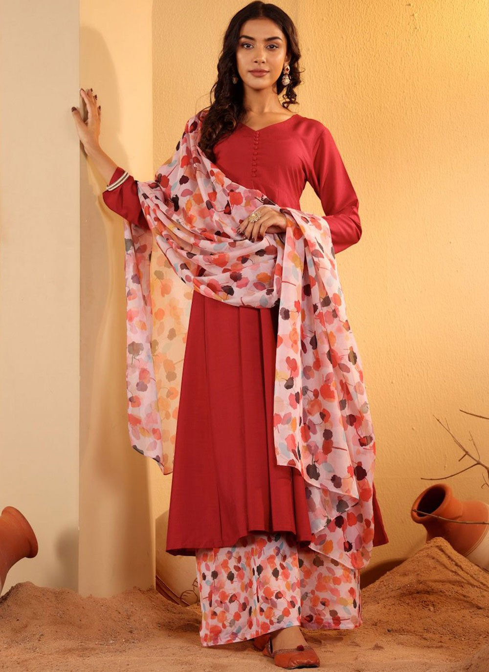Anarkali Plain Maroon Silk Blend T5120