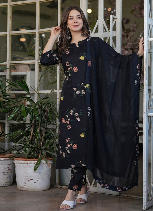 Printed Silk Blend Black Pant Style Suit T6095